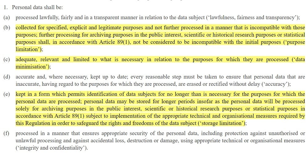 EUR-Lex GDPR Article 5 Section 1: Processing personal data