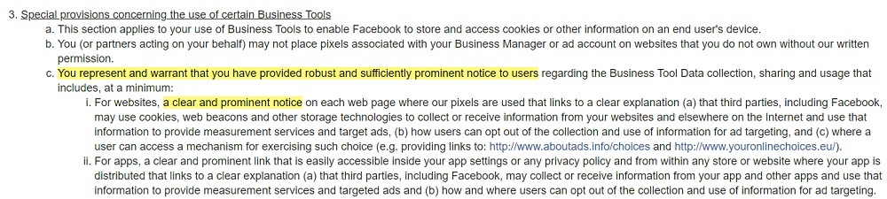 Facebook Business Tools Terms: Special provisions clause - Provide notice section