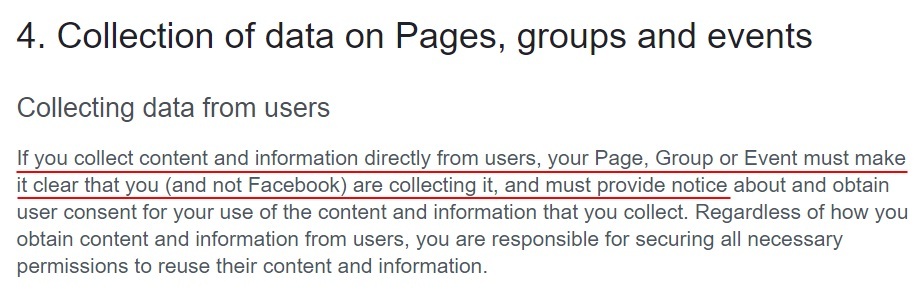 Facebook Pages Groups and Events Policy: Collecting data from users - Must provide notice section