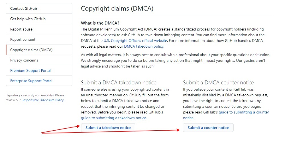 GitHub Copyright claims DMCA page with submit a takedown and counter notice highlighted