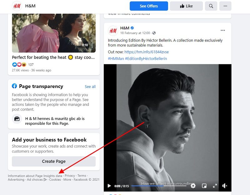 H and M United Kingdom Facebook Page with Insights Data highlighted