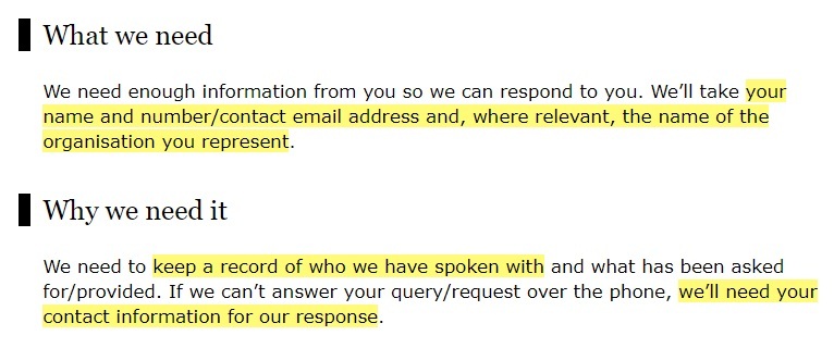 ICO Contact the Press Office page: What information we need and why we need it sections