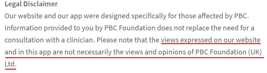 PBC Foundation Privacy Policy: Legal Disclaimer with views expressed highlighted