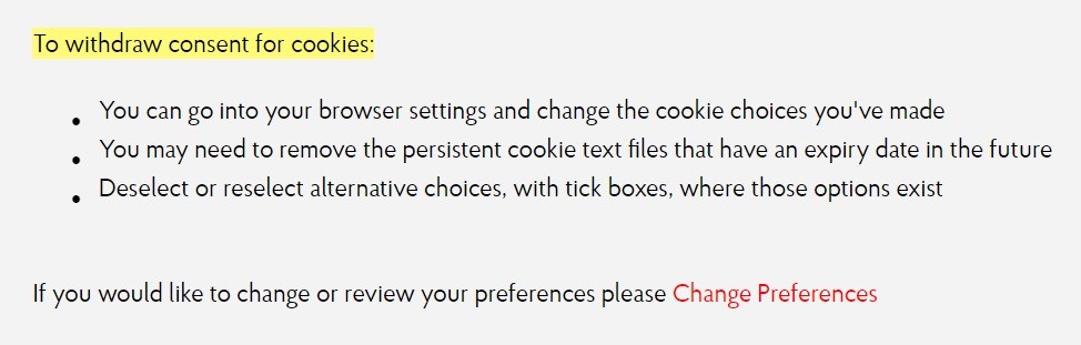 Post Office Cookie Policy: To Withdraw Consent for Cookies clause