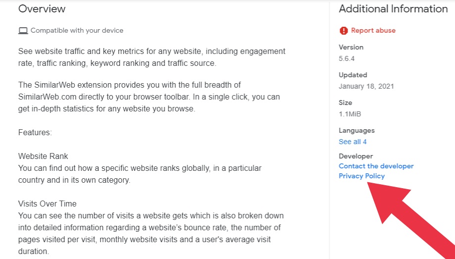 SimilarWeb Chrome Extension Store listing with Privacy Policy link highlighted