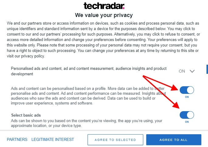 Techradar cookie consent notice: Options screen