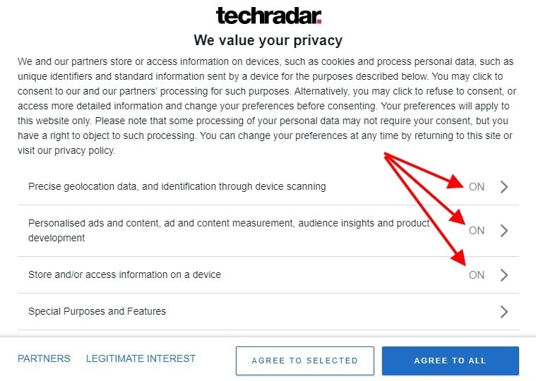 Techradar cookie consent notice: Personalized ads options screen