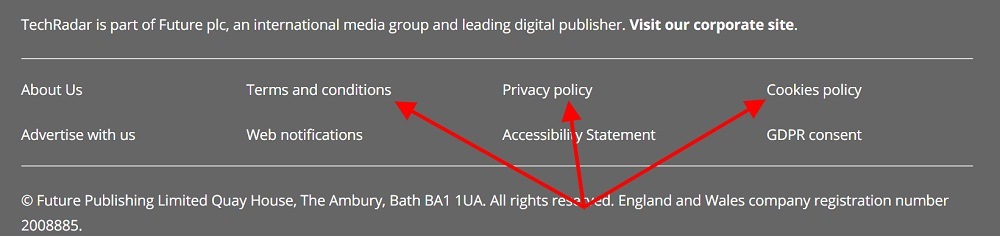 TechRadar website footer with Terms and Conditons Privacy Policy and Cookies Policy highlighted