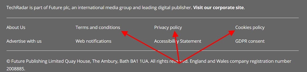 TechRadar website footer with Terms and Conditons Privacy Policy and Cookies Policy highlighted