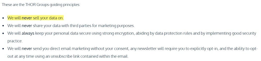 THOR Personal Care Privacy Policy: Guiding Principles - We will never sell your data section highlighted