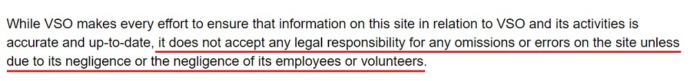 VSO Privacy Policy: Disclaimer with omissions and errors highlighted