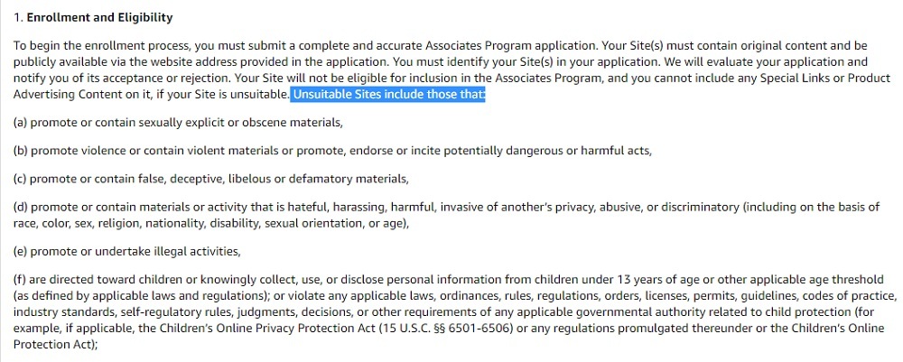 Amazon Associates Program Policies: Enrollment and Eligibility section