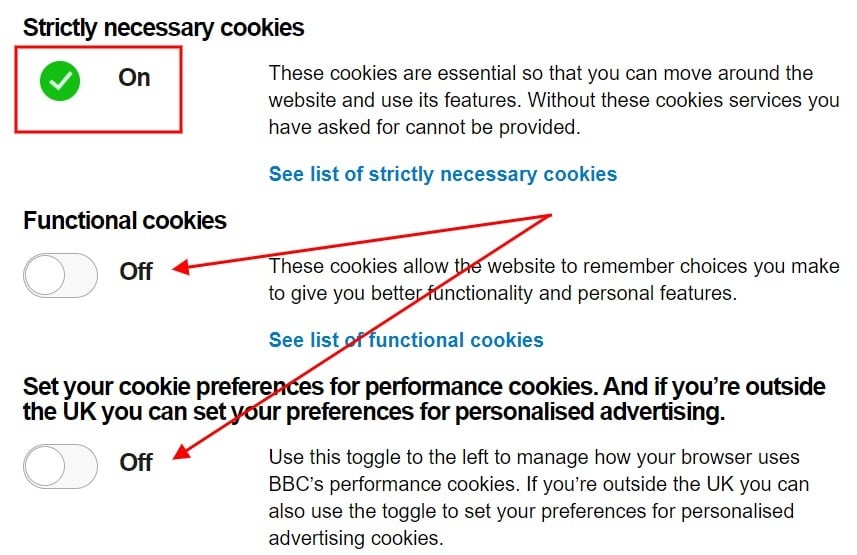 BBC Cookie Consent preferences page