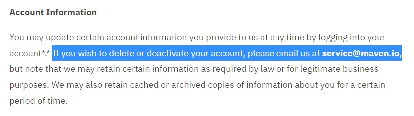 Maven Privacy Policy: Account Information update clause