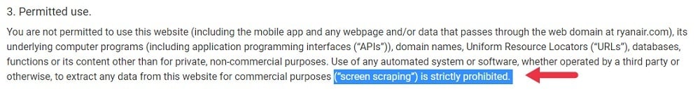 Ryanair Terms of Use: Permitted Use clause - Screen scraping prohibited highlighted