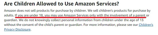 Amazon Privacy Notice: Are Children Allowed to Use Amazon Services clause