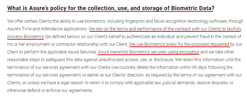 Asure Software Privacy Policy: Biometric Data clause excerpt