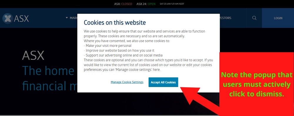 Australian Securities Exchange cookie consent notice