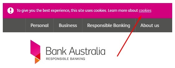 Bank Australia website header with cookie statement with cookies link highlighted