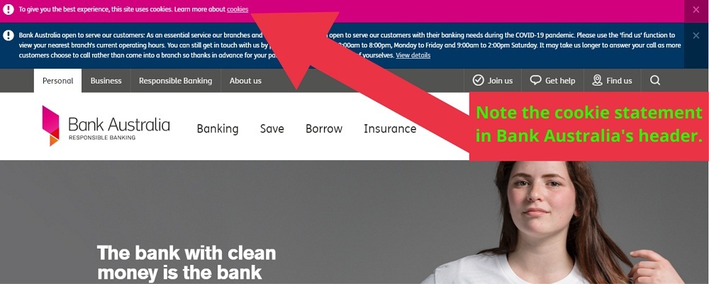 Bank Australia website header with cookie statement