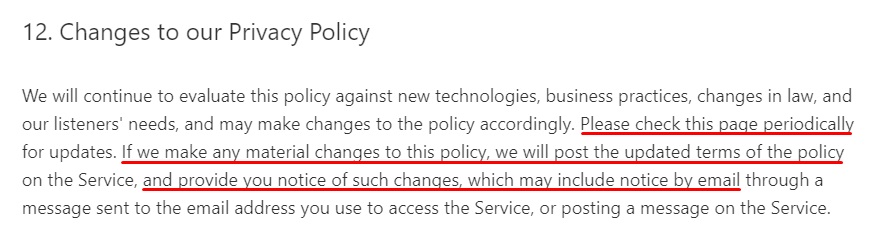 Pandora Privacy Policy: Changes or updates to the Privacy Policy clause excerpt