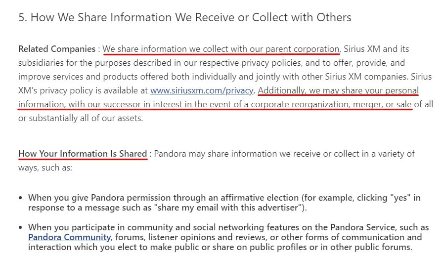 Pandora Privacy Policy: How We Share Information We Receive or Collect with Others clause excerpt