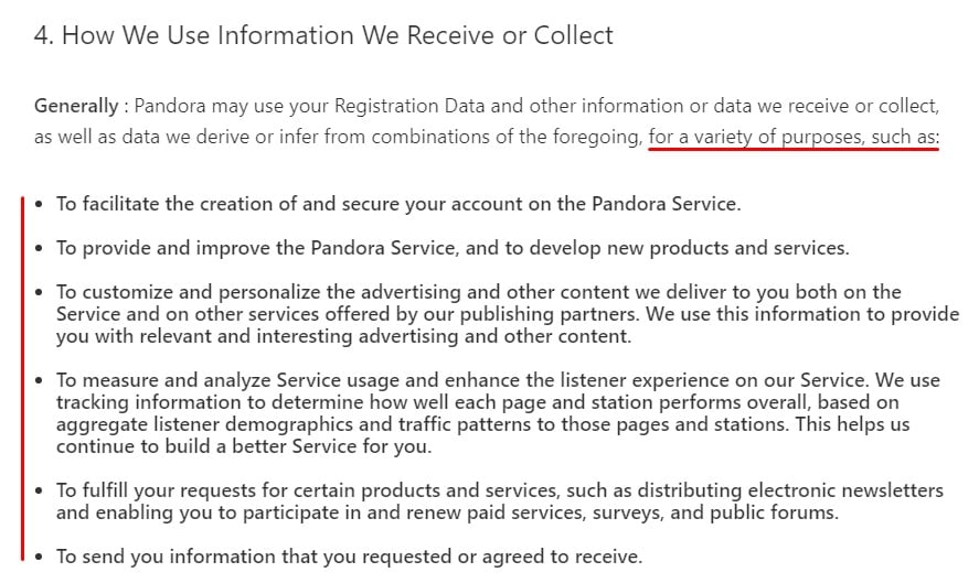 Pandora Privacy Policy: How We Use Information We Receive or Collect clause excerpt