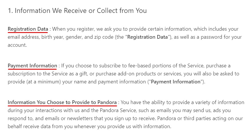 Pandora Privacy Policy: Information We Receive or Collect from You clause excerpt