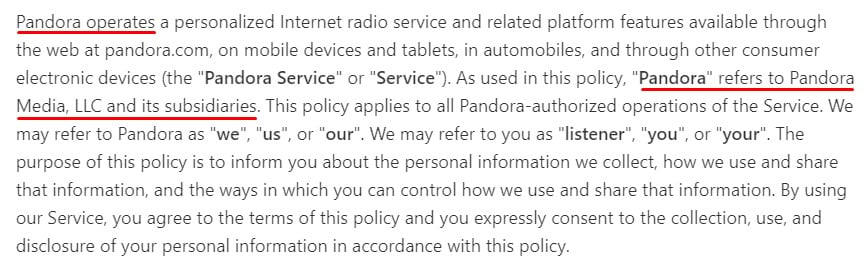 Pandora Privacy Policy: Intro clause