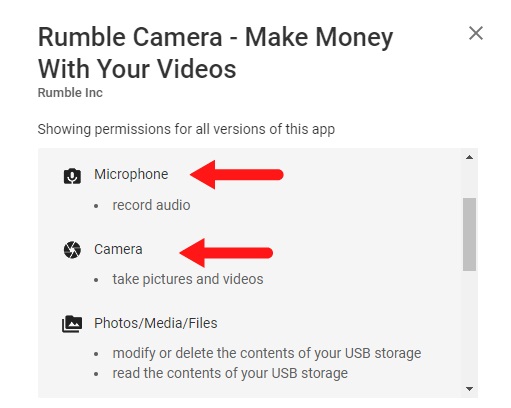 Rumble Camera mobile app Permissions screen