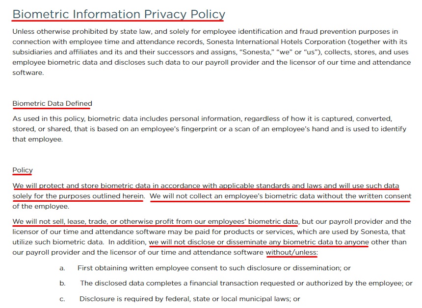 Sonesta Biometric Information Privacy Policy: Screenshot of excerpt