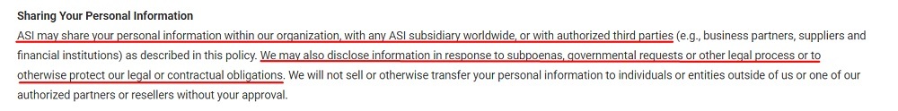 ASI Privacy Policy: Sharing Your Personal Information clause