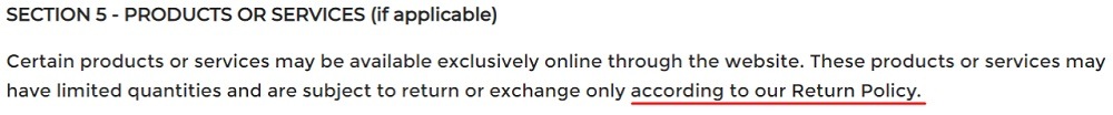 Best Choice Products Terms of Sale: Products or Services clause excerpt with Return Policy highlighted