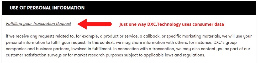 DXC Technology Privacy Policy: Use of Personal Information clause - Fulfilling Your Transaction Request section highlighted