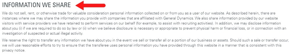 General Dynamics Privacy Policy: Information We Share clause