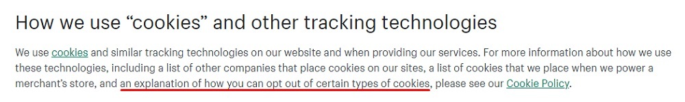 Shopify Privacy Policy: How we use cookies and other tracking technologies clause