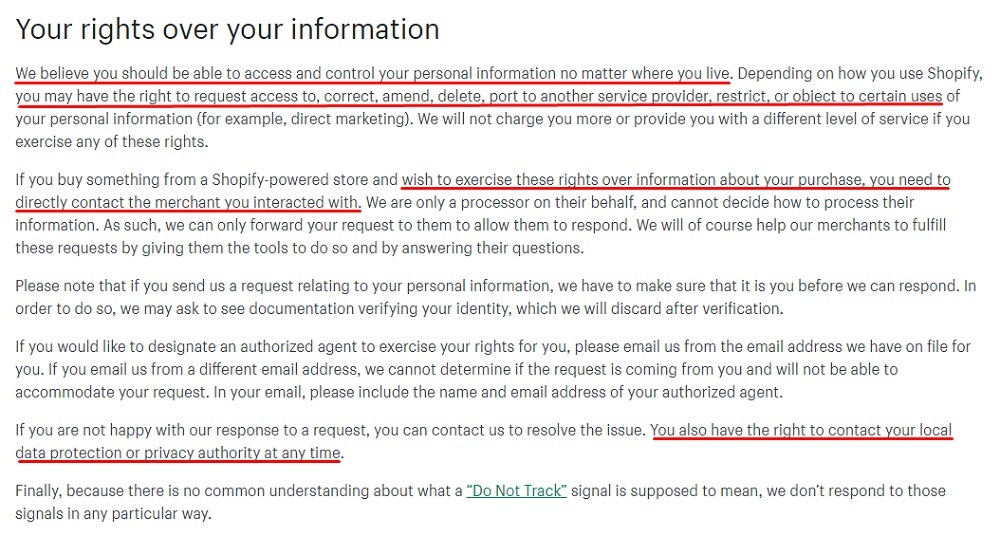 Shopify Privacy Policy: Your rights over your information clause