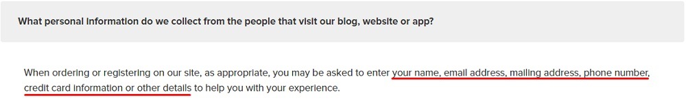 Sunrise Wholesale Privacy Policy: What personal information do we collect from people that visit our blog, website or app clause