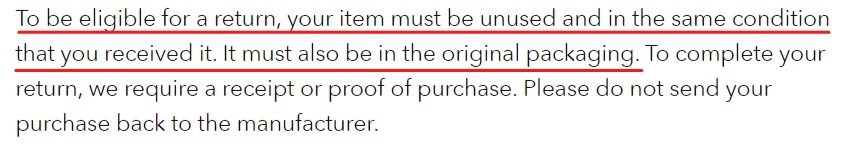 Woowlish Return and Refund Policy: Conditions of item being returned section highlighted