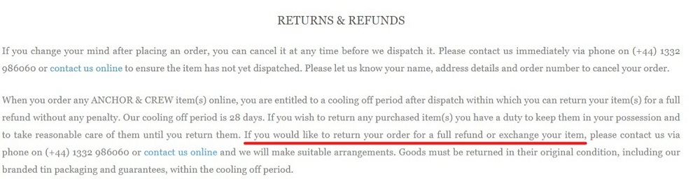 Anchor and Crew Delivery and Returns: Returns and Refunds clause