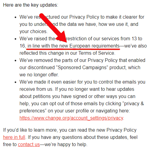 Screenshot of Change Org Privacy Policy updates email