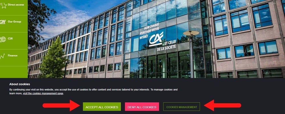 Credit Agricole cookie consent banner notice