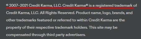 Credit Karma website footer copyright notice 2021