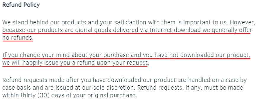 Generic Refund Policy clause about digital goods downloaded