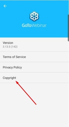 GoToWebinar mobile app menu screen with copyright link highlighted
