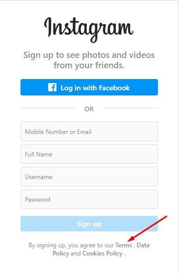 Instagram sign-up form with Terms link highlighted