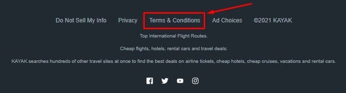 Kayak website footer with Terms and Conditions link highlighted