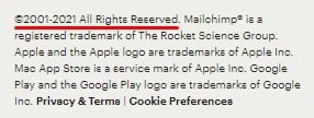 MailChimp website footer with copyright notice highlighted