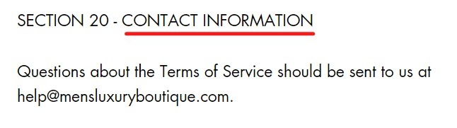 Mens Luxury Boutique Terms of Service: Contact Information clause