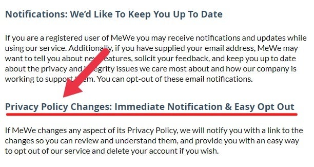 MeWe Privacy Policy: Notifications, Privacy Policy Changes and Updates clauses